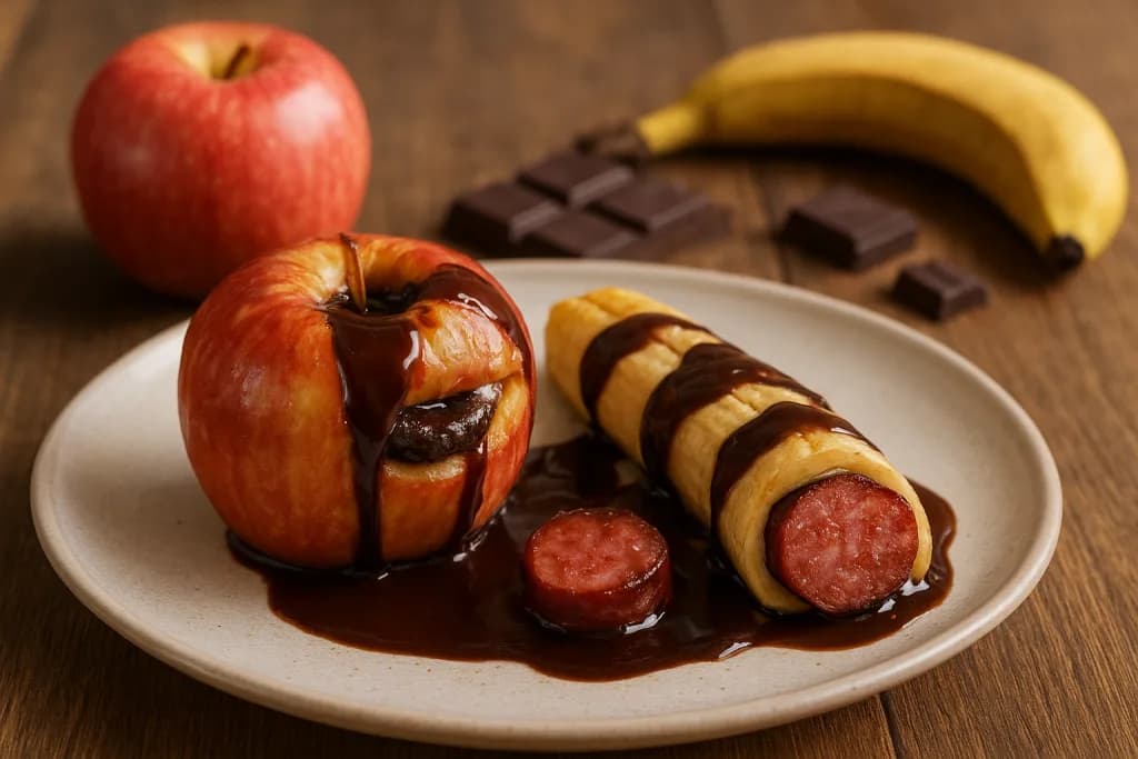 Maçã e Banana Recheadas com Chocolate e Linguiça