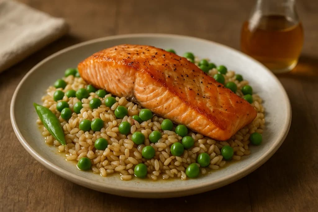 Arroz Integral com Salmão e Ervilhas