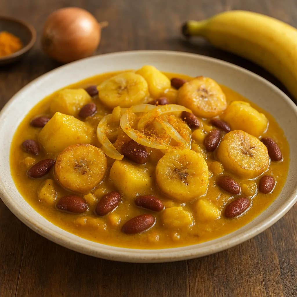 Curry de Mandioca com Banana e Feijão
